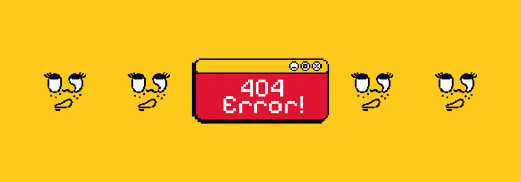 Pixel game background with text "404 error". 8bit sparkle, sticker. Yellow banner with 90s game vibe.