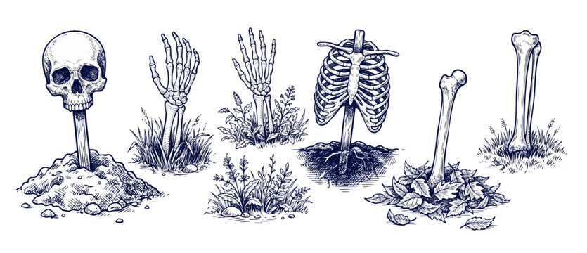 Skeleton bones engraving vector set with human skull, rib cage, hand, femur on grass, soil, and dry leaves for spooky Halloween designs, gothic hand drawn vintage sketches isolated on white background