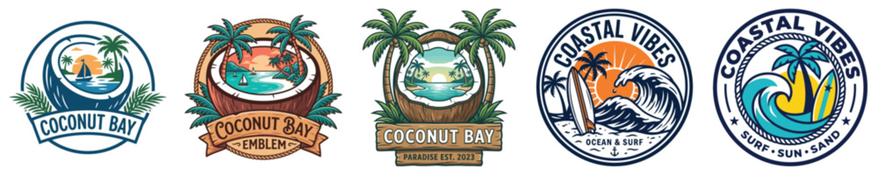 Set of tropical beach emblems, logos and badges featuring coconut, palm trees, surfboard, ocean wave and sunset, vector illustration coconut vector t shirt vacation