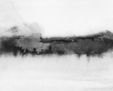 Black and white Ink watercolor hand drawn smoke flow stain blot  on wet paper texture background.