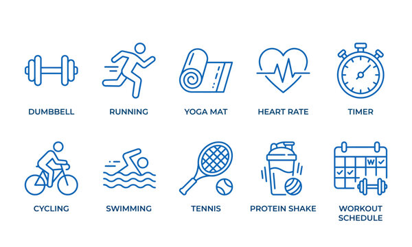 Collection of fitness and exercise icons including dumbbell, running, yoga mat, heart rate, timer, cycling, swimming, tennis, protein shake, and workout schedule in blue line art style