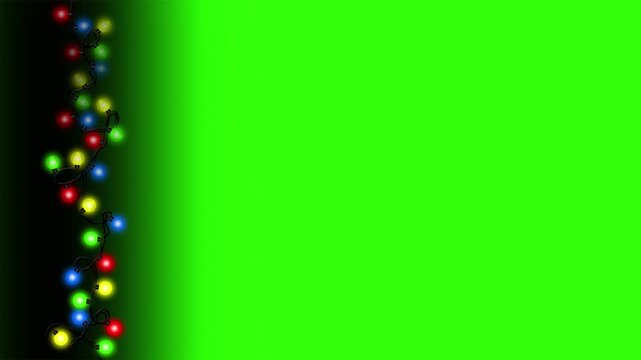 Vertical row of festive glowing Christmas fairy lights on a green screen background.
