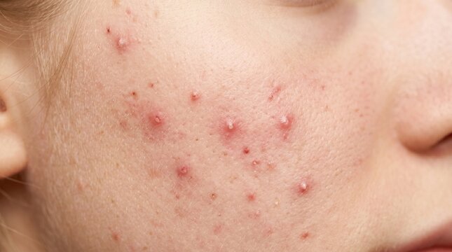 Acne on a persons cheek skin.