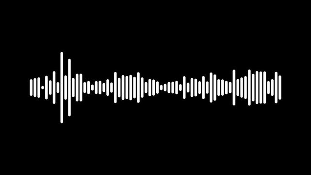 White line audio wave visualization on black background, audio waveform spectrum animation, white line audio wave visualisation, voice record effect for overlay, sound wave spectrum concept, 4k video