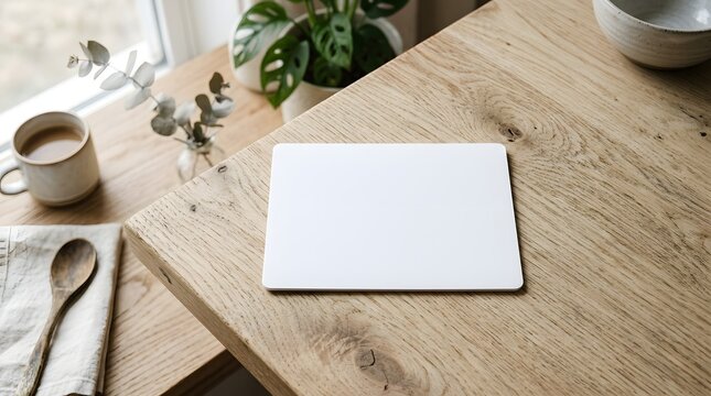 Blank square coaster mockup on wooden table with coffee ideal for product presentation