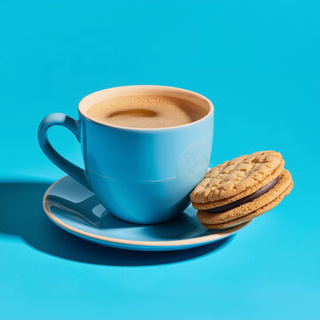 Side view of cup of coffee and cookie sandwiches