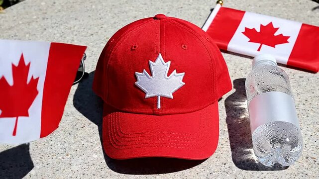 Stylish Flat Lay of Canada Day Accessories Featuring a Red Baseball Cap with a White Maple Leaf, Flags, Sunglasses, and a Water Bottle on Textured Surface