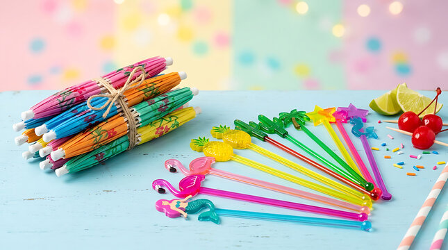 Stack of vibrant cocktail umbrellas and colorful novelty drink stirrers arranged for a festive summer party