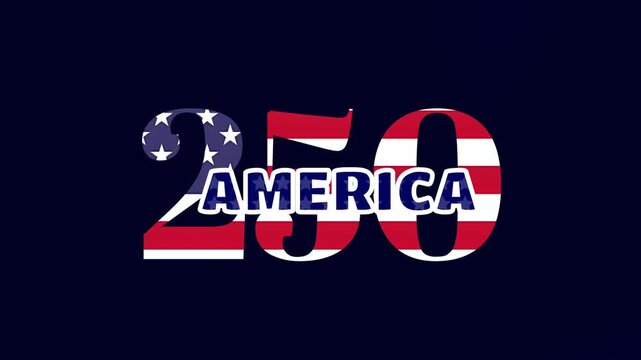 America 250 anniversary text, waving USA flag animation, star pattern background