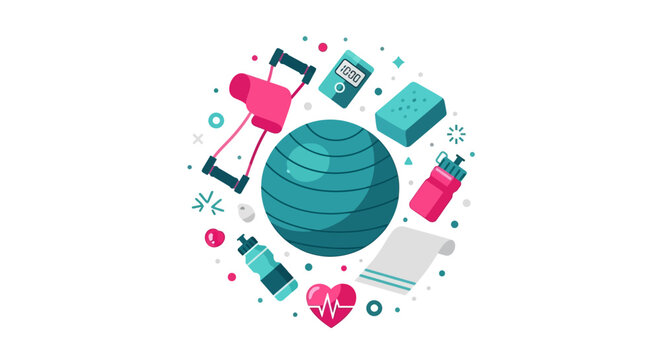 Flat Vector Illustration of Fitness and Gym Equipment Icons Set Arranged in a Circle - Healthy Lifestyle and Wellness Concept