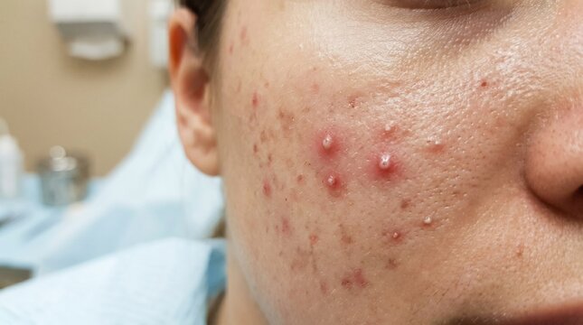 Close-up of acne on face skin.