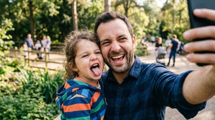 Fototapeta premium Father and Child Making Funny Faces While Taking a Selfie Outdoors in a Park