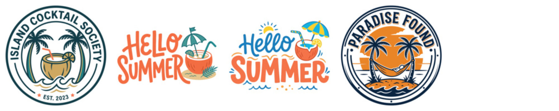 Set of summer tropical emblems, logos, and typography designs featuring coconut cocktails, palm trees, hammocks, and sun, coconut vector t shirt vacation