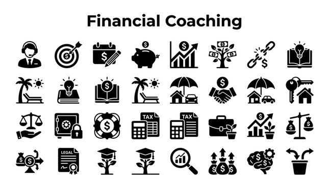 Financial coaching and business consulting icons representing growth investment planning savings and success in a professional setting