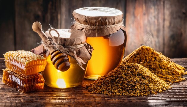natural bee products composition with liquid honey in jars honeycomb piece propolis and bee pollen granules on rustic wood