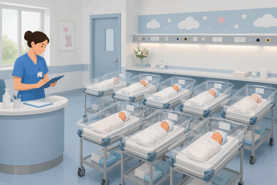 Nurse checking on newborn babies in maternity ward nursery