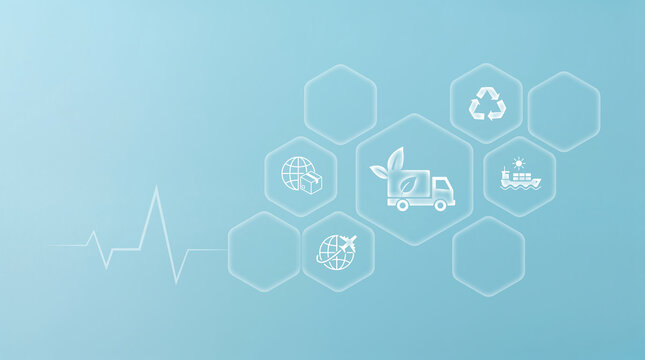 Modern hexagonal icons representing global logistics sustainability and ecofriendly transportation solutions on light blue background