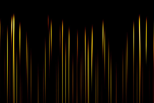 Abstract vertical glowing light streaks on black background. Golden, yellow and orange luminous lines create a futuristic technology pattern with elegant minimal design.
