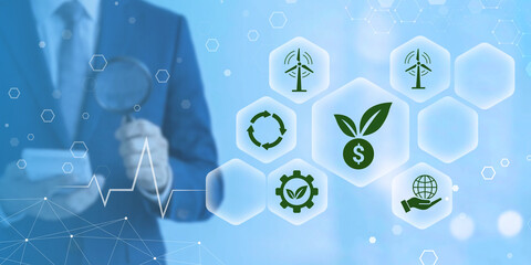 Professional analyzing renewable energy investment growth with futuristic technology icons and upward trend graph © KHAN VECTOR CO. 