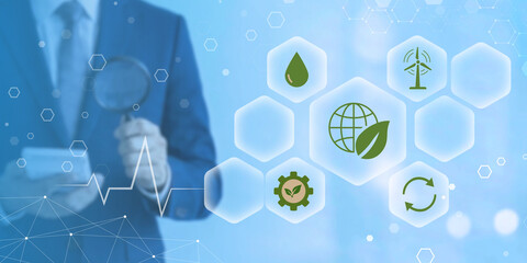 Professional analyzing sustainability metrics with ecofriendly technology icons on digital interface © KHAN VECTOR CO. 