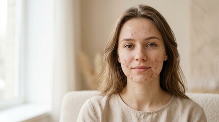 Naklejka premium Young woman sitting by window indoors.