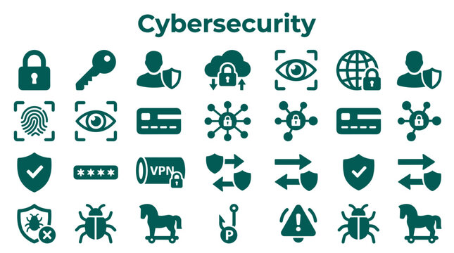 Cybersecurity concept with digital icons representing data protection, privacy, and network security threats and defenses