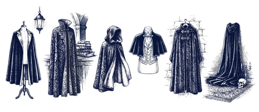 Gothic Cloak Cape Illustration Set: Vintage medieval fantasy robes, royal garments, and vampire wizard costume design sketches. Hand-drawn engraving style clipart collection on white background pack.