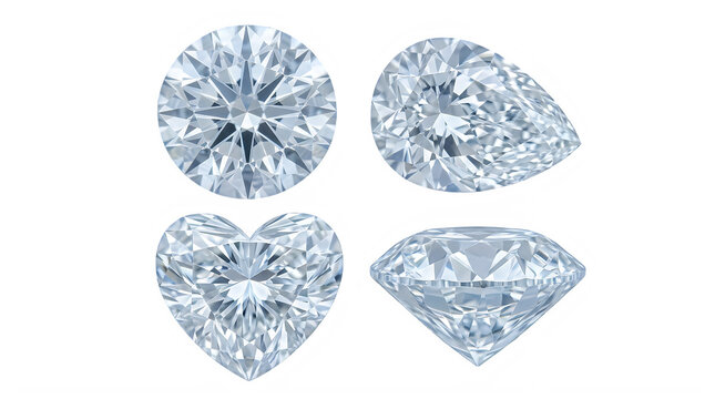 Four diamond gemstones isolated on white background in different shapes and cuts transparent background