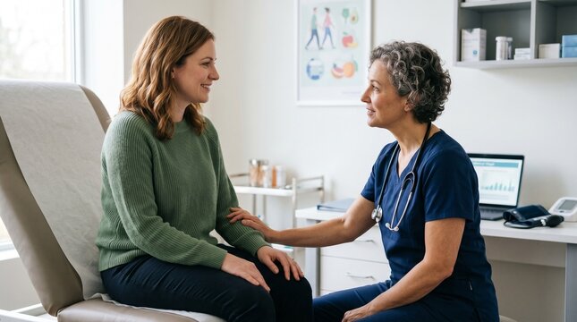 Doctor comforting patient during medical consultation in examination room