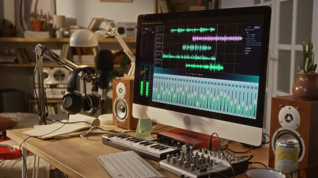 Computer screen displaying audio editing software with moving waveforms on desk with microphone and headphones in creative home studio. Footage suits videos about podcasting and music production