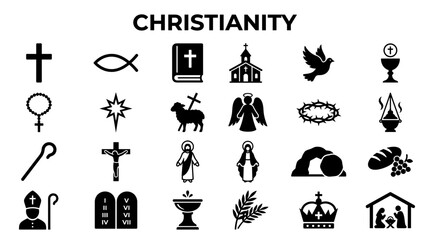 Naklejka premium Christianity Symbols Icons Religious Faith Jesus Christ Bible Church Dove Cross Symbols for Religion