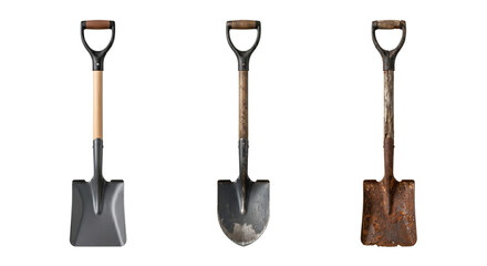 Shovels evolution from new to old and rusty, isolated on transparent background © PNG Lab