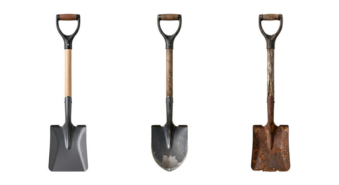 Shovels evolution from new to old and rusty, isolated on transparent background