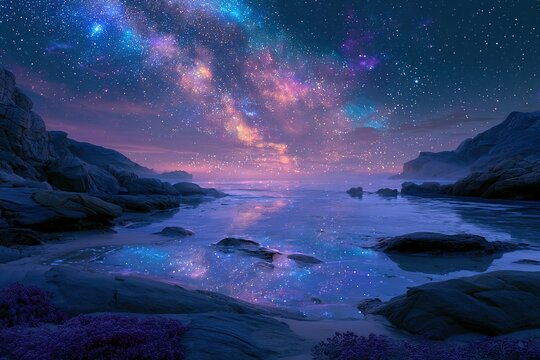 Stunning milky way galaxy glowing over rocky beach coastline at night with soft purple light reflecting on calm ocean sea.