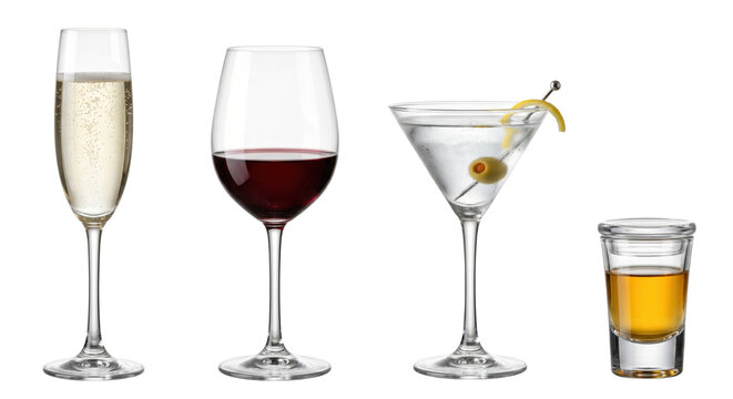 Assorted alcoholic drinks champagne red wine martini and shot, isolated on transparent background