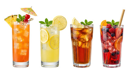 Fototapeta na wymiar Assorted summer cocktails including mai tai lemonade iced tea, isolated on transparent background