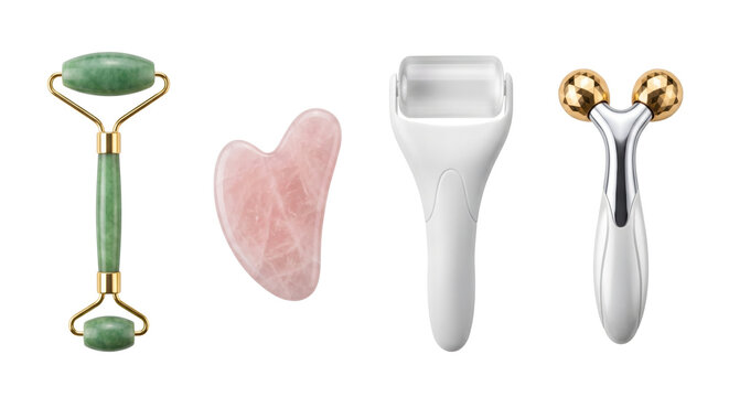Skincare tools jade roller gua sha and metal massager, isolated on transparent background