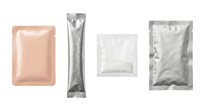 Blank sachet packaging stick pack and pouches row, isolated on transparent background