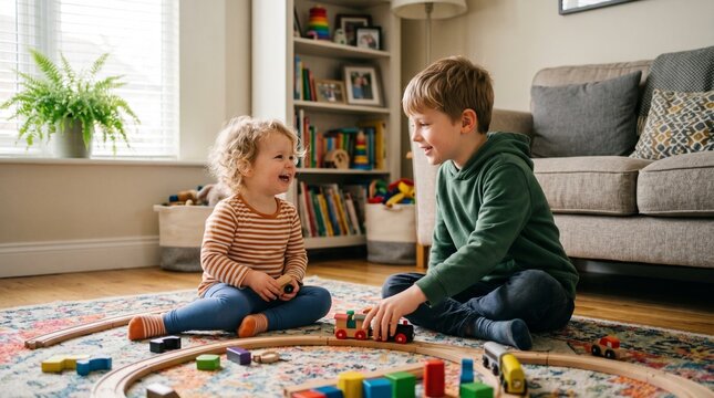Two happy siblings playing with a wooden train set on a colorful rug in a bright living room