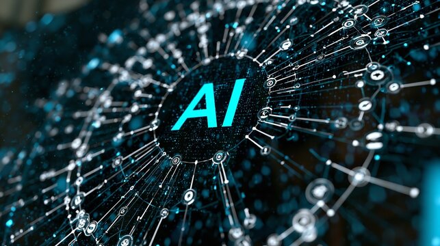 Artificial Intelligence network with glowing AI text in the center
