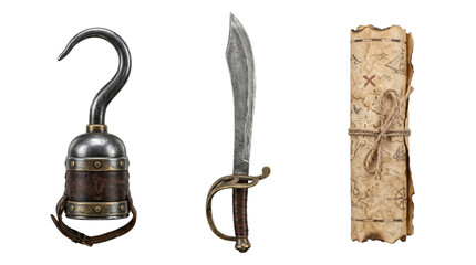 Fototapeta premium Vintage pirate equipment hook cutlass and treasure map, isolated on transparent background