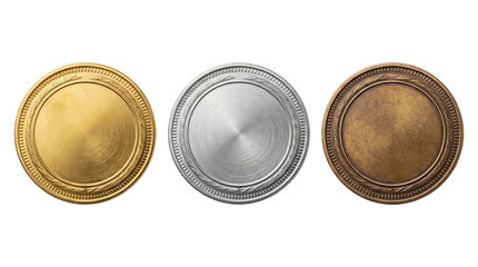 Obraz premium Gold silver and bronze blank winner medals set, isolated on transparent background