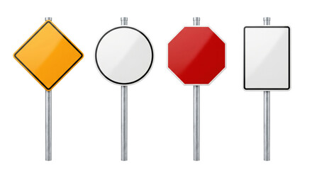Blank traffic signs yellow diamond round octagon rectangle, isolated on transparent background © PNG Lab