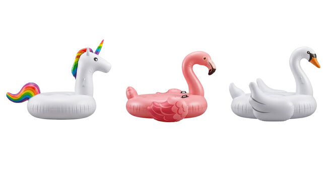 Inflatable animal pool floats unicorn flamingo swan, isolated on transparent background