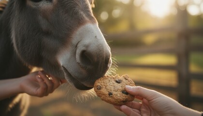 Naklejka premium Donkey Eating Cookie, Concept of Human-Animal Bonding and Joy