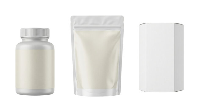 Blank supplement packaging jar pouch and hexagonal box mockup, isolated on transparent background