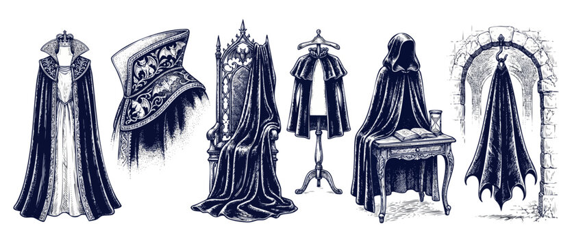 Gothic vampire cloak illustration set featuring medieval dark fantasy garments, royal throne, hooded robe, and bat wing cape drawings in hand drawn engraving style for Halloween design elements.