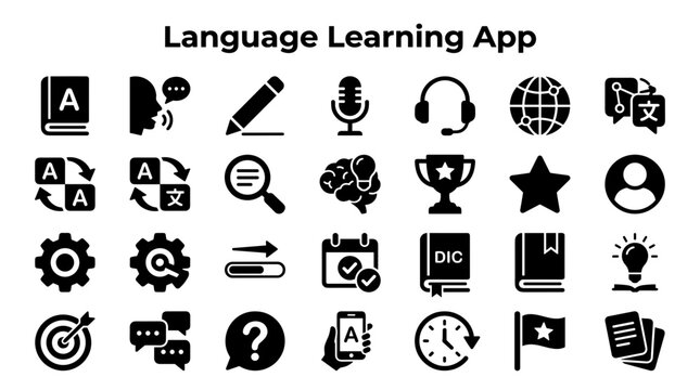 Language Learning App Icons Set for Education and Communication Concepts