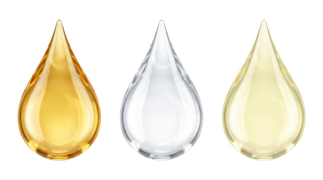 Three glossy liquid drops of oil water and serum