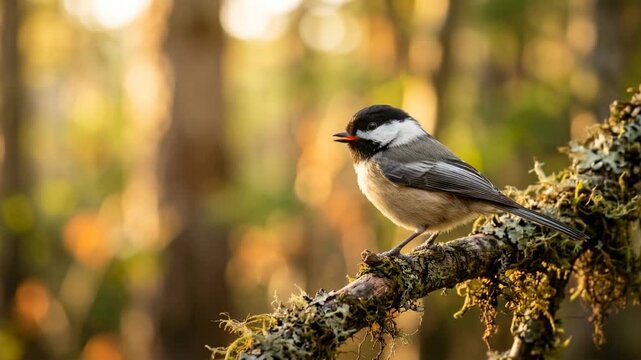 chickadee close up at golden light in algonquin provincial park canada